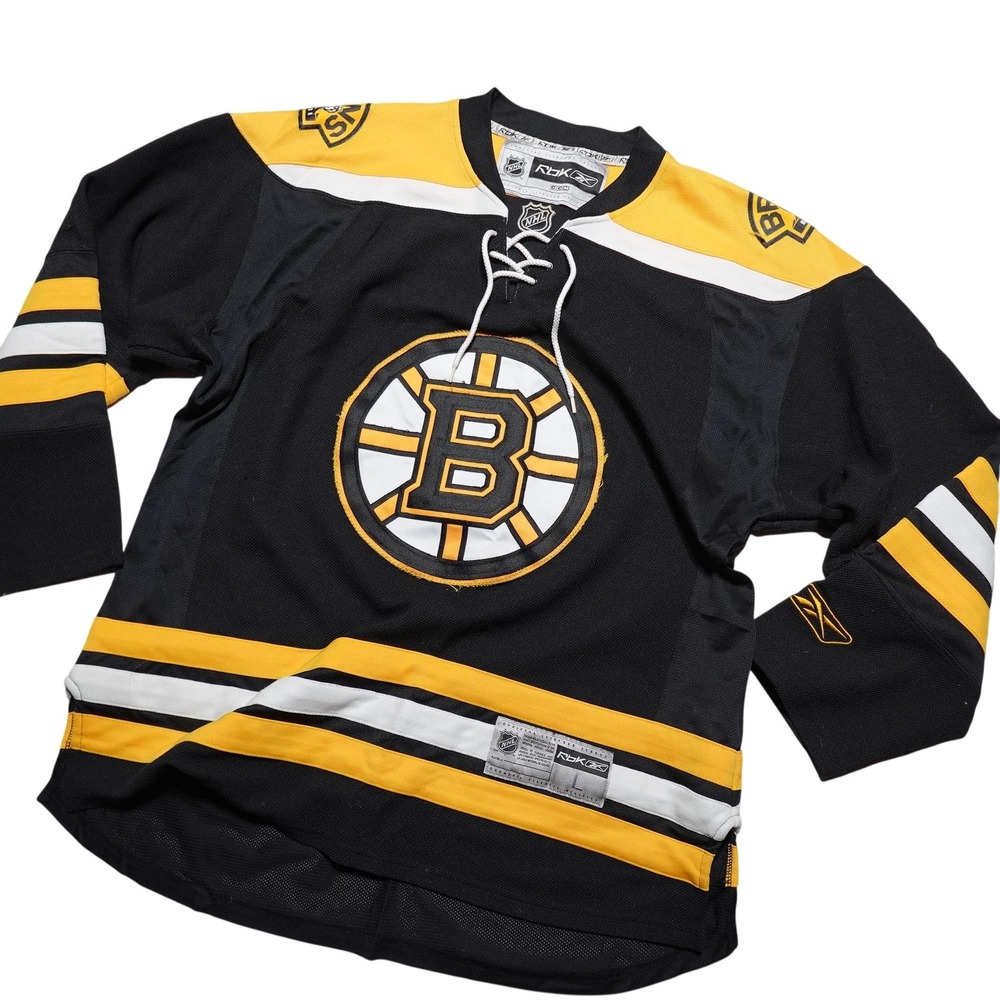 Boston Bruins Jersey Mens Large Black NHL Hockey Reebok Lace Up CCM Patches